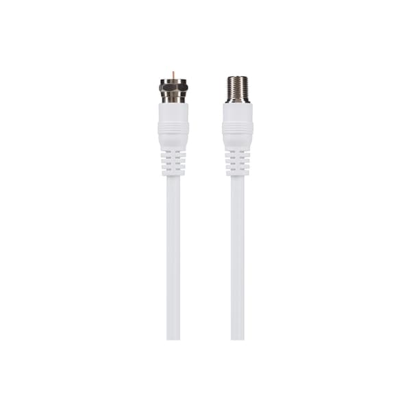 White coaxial cable featuring an F Type male connector on one end and an F Type female connector on the other, designed for TV satellite aerial connections.