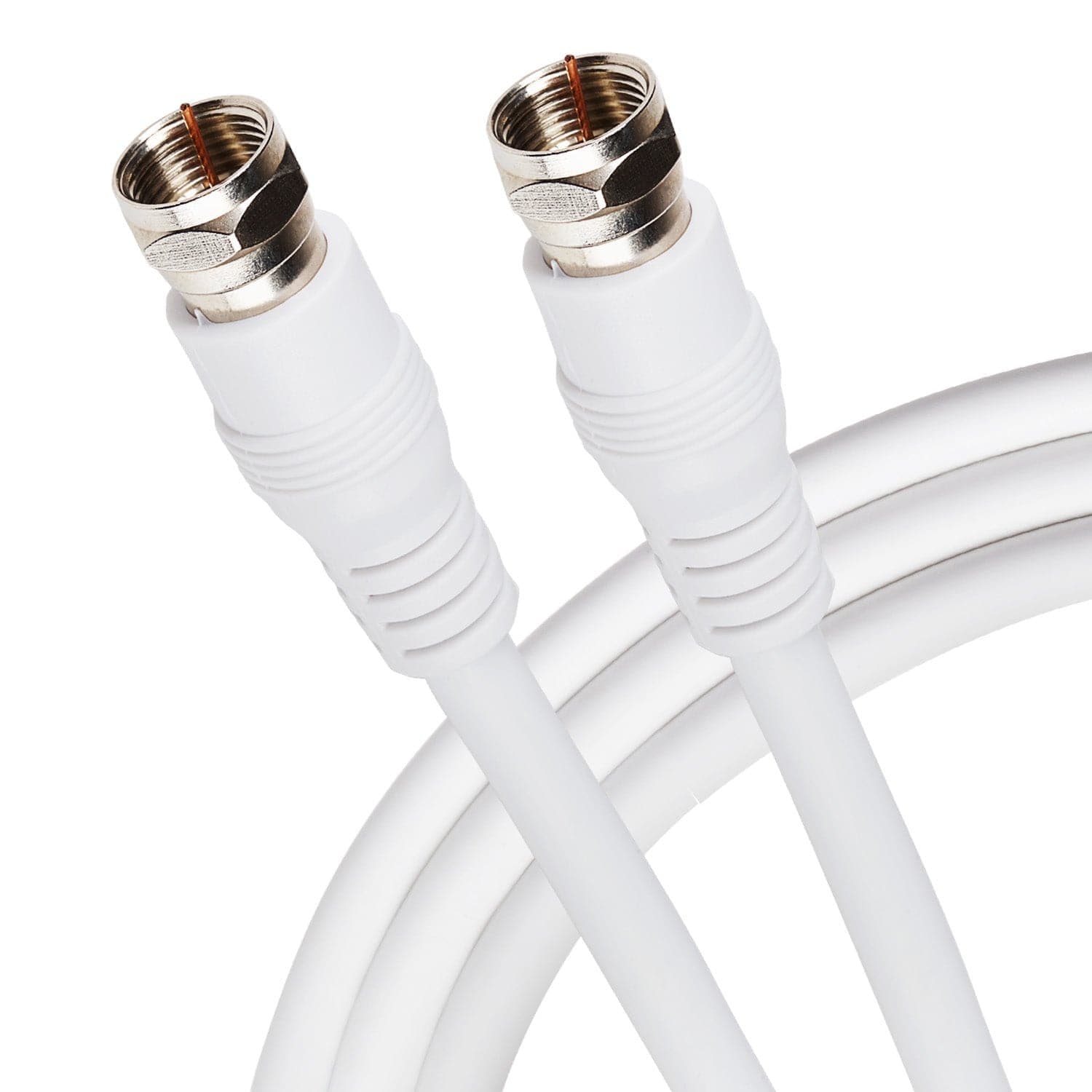 White coaxial cable with two F Type male connectors on each end, featuring metallic tips and a smooth, flexible design for TV satellite aerial connections.