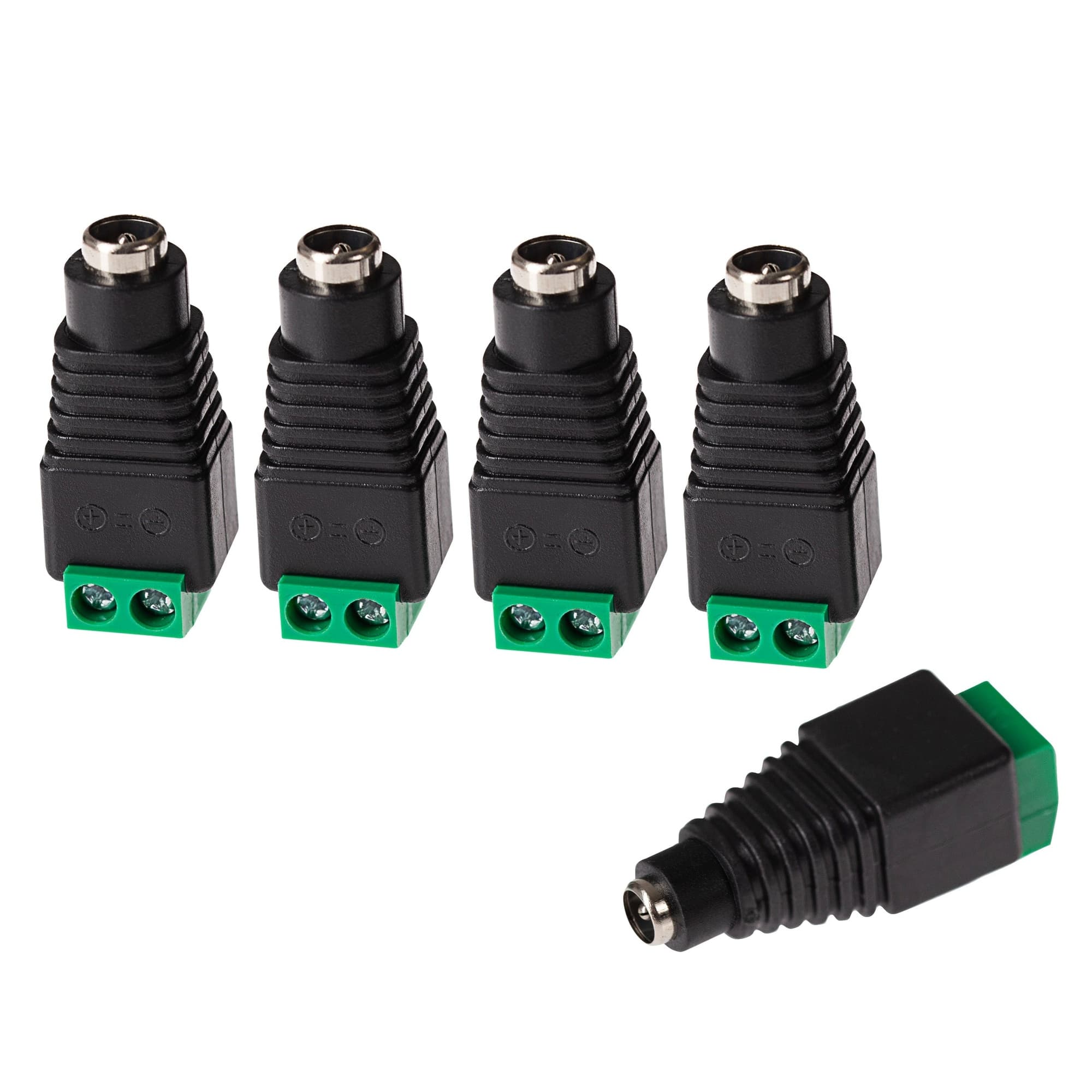 Black plastic DC power connectors with green terminal blocks, featuring a 5.5 x 2.1mm plug, designed for CCTV applications, arranged in a group of four.