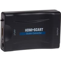 Black Maplin HDMI to SCART converter with input-output ports and blue label, compact rectangular design.