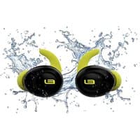 Black and yellow Maplin Hypersonic Sports Wireless Earbuds with water splash and USB-C charging.