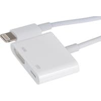 White Maplin Lightning to HDMI adapter with charging port, featuring a compact rectangular design and attached cable.