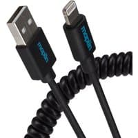 Black Maplin coiled cable, 0.5m, with Lightning connector and USB-A ends, compact and flexible design.