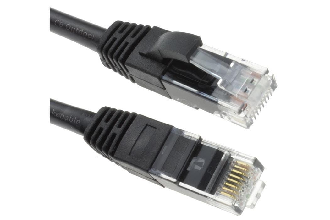 Black outdoor CAT6 copper UTP Ethernet network cable with clear plastic connectors, featuring gold-plated pins for reliable connectivity.