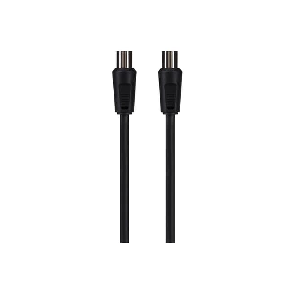Black 2m RF male to RF female coaxial cable with durable connectors on both ends, designed for TV aerial connections.