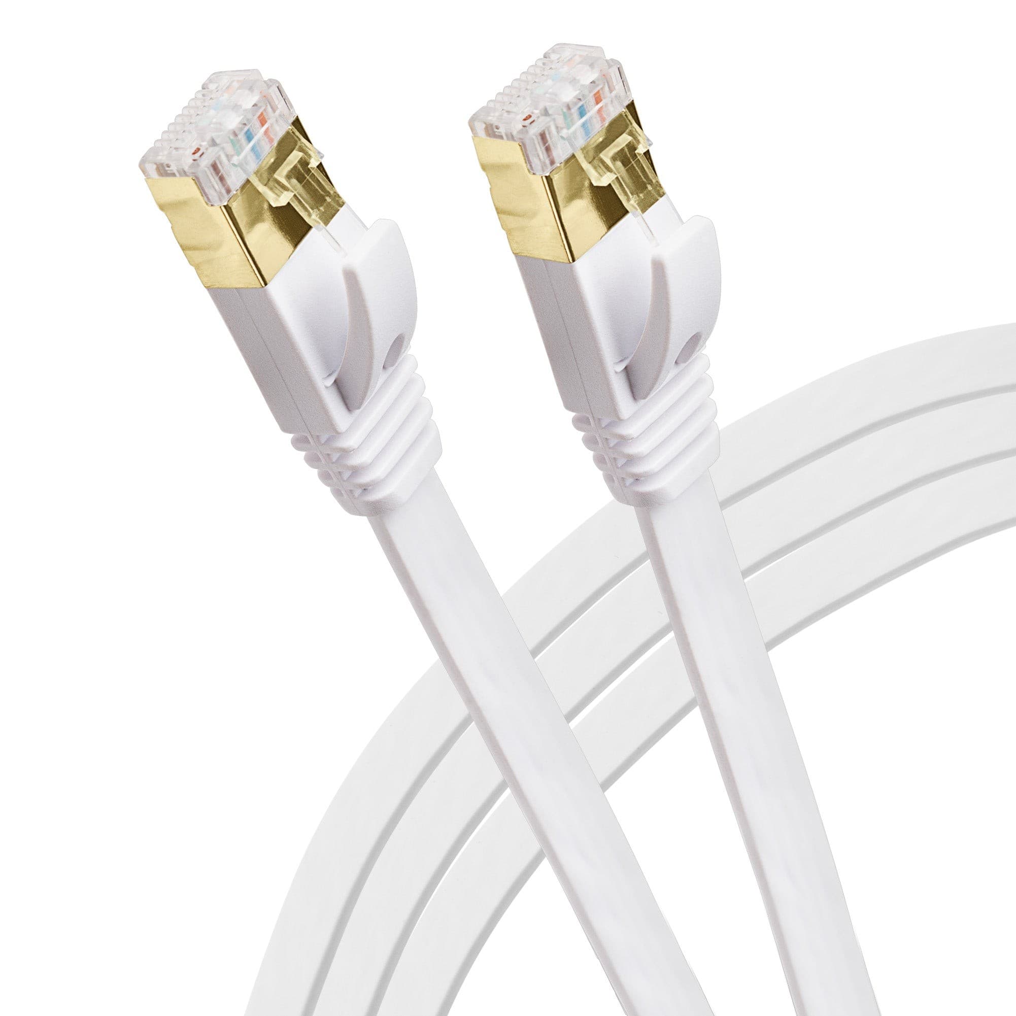 Flat white RJ45 CAT7 Ethernet LAN cable, 50m long, featuring gold-plated connectors on both ends for enhanced connectivity and performance.