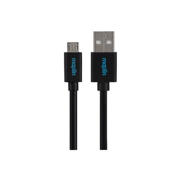 Black 3m USB-A to Micro USB-B male cable by Maplin, featuring sturdy connectors and a flexible, durable design for reliable data transfer and charging.