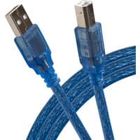 Blue Maplin USB-A to USB-B Cable V2.0, 1m length, with transparent connectors and braided design.