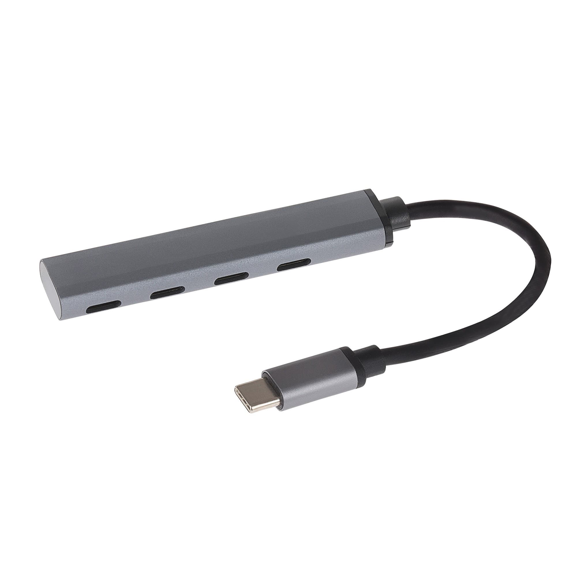 Gray aluminum USB-C hub featuring four USB-C ports and a 13cm cable for connectivity and charging.