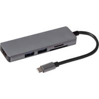 Gray Maplin USB-C multiport hub with 2 USB-A 3.0 ports, HDMI, and SD card reader, connected via a short black cable.