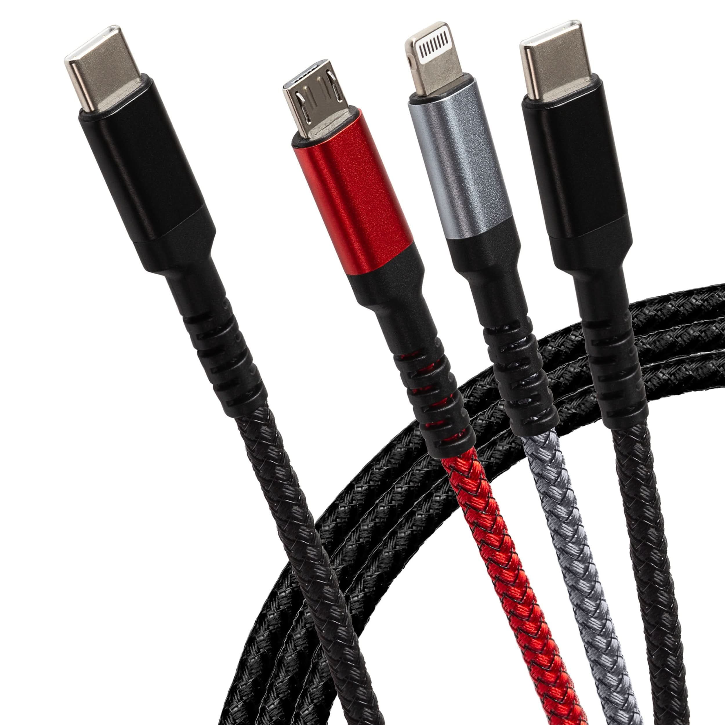 Braided multi-charging cable featuring USB-C, Lightning, and Micro USB connectors in black, red, and silver, designed for durability and versatility.