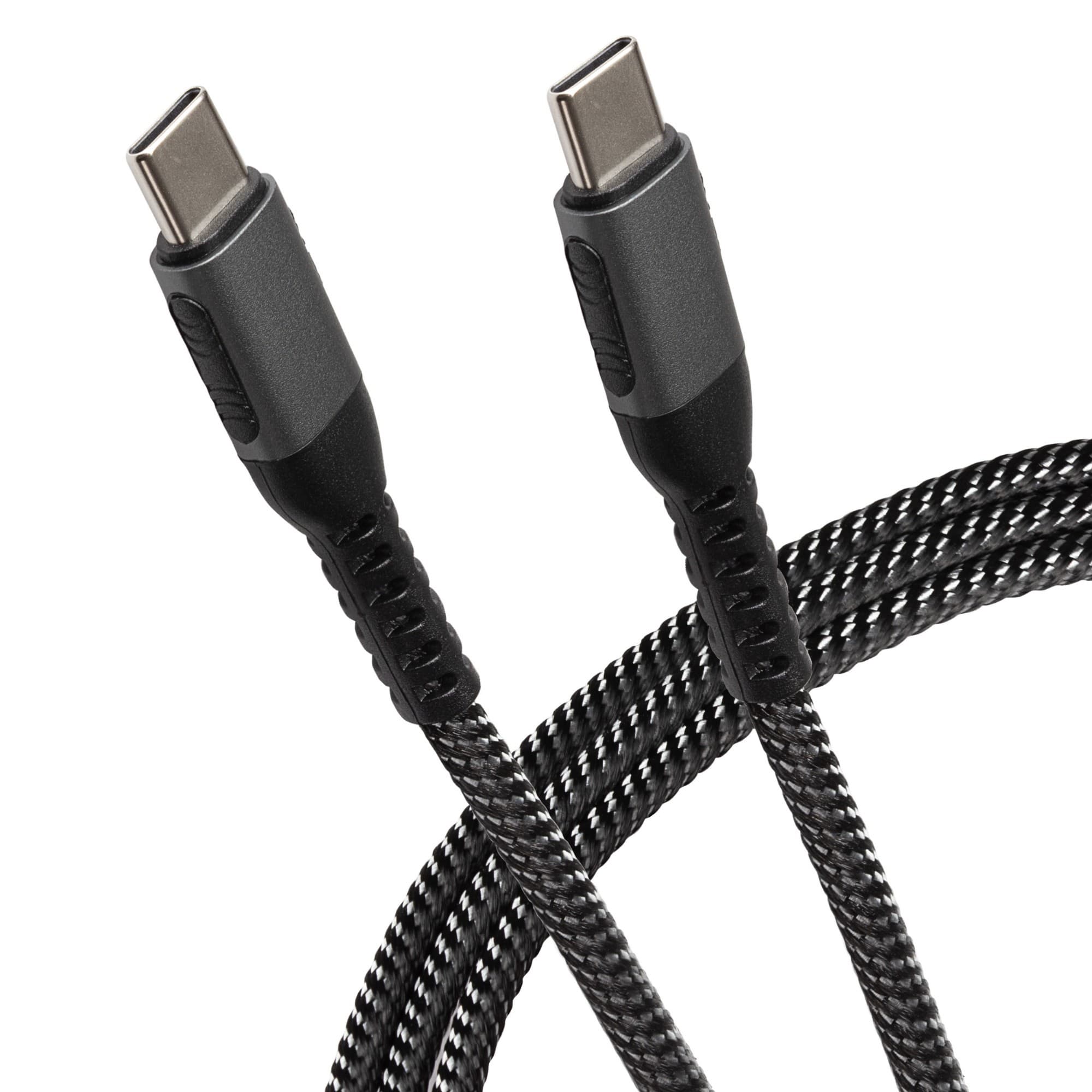 Silver braided USB-C to USB-C cable, 0.25m long, featuring durable connectors with a textured grip for easy plugging and unplugging.