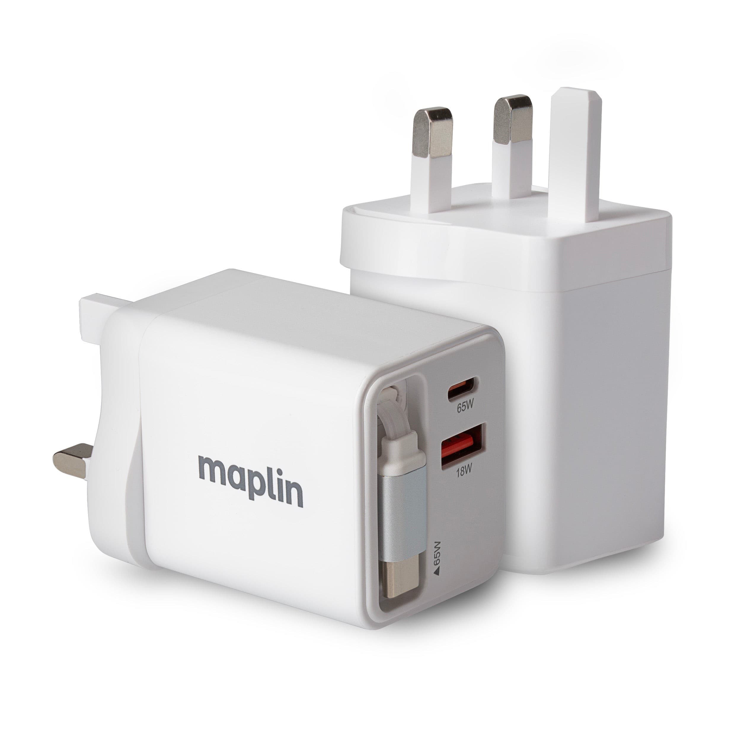 White Maplin USB wall charger with two ports (1x USB-A, 1x USB-C), 65W power output, and built-in retractable cable, featuring a compact design and UK plug.