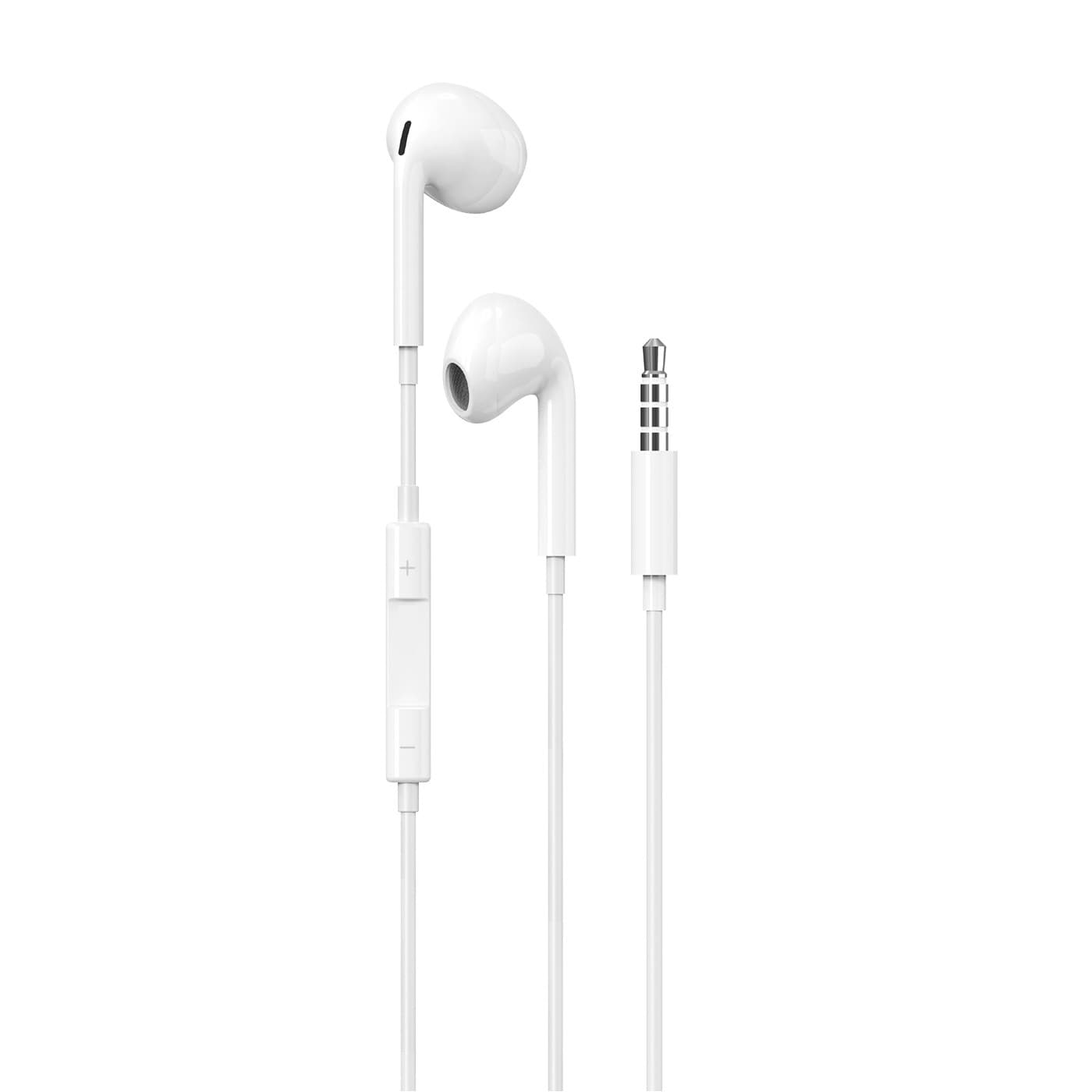 White 3.5mm wired earbuds with a sleek design, featuring a built-in remote control for volume adjustment and a standard audio jack.