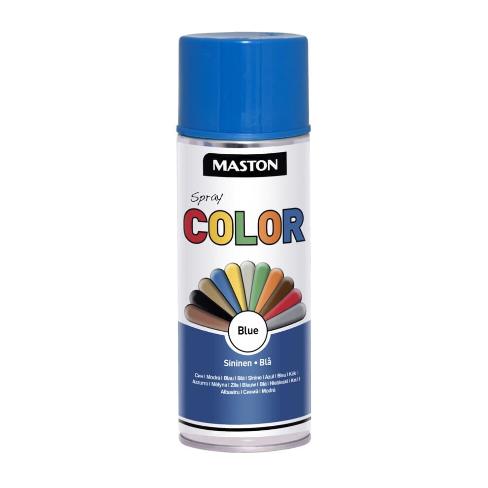 Maston Spray Paint in glossy blue, 400ml can, features a colorful label with various paint colors and the word "COLOR" prominently displayed.