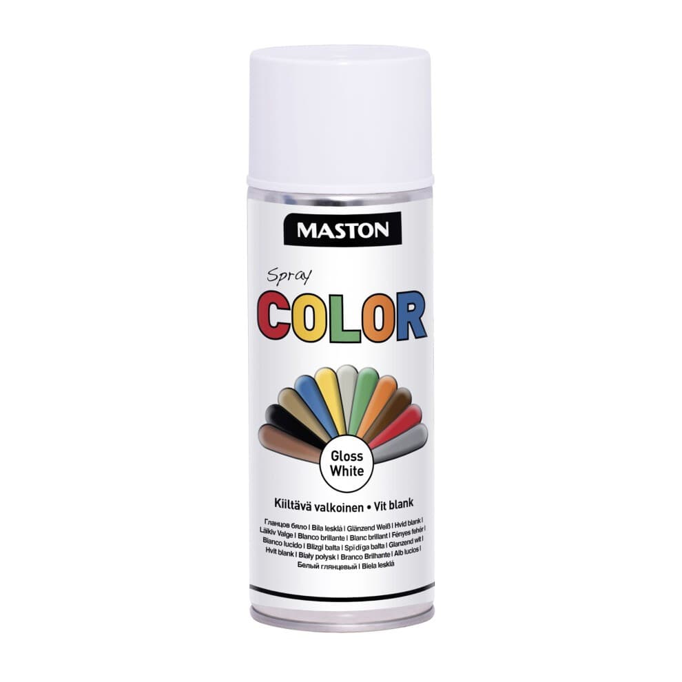 Maston Spray Paint in a 400ml can, featuring a glossy white finish, with a colorful label displaying various paint colors and the word "COLOR" prominently.