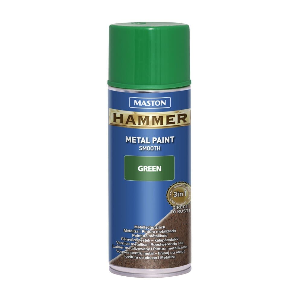 Maston Hammer Smooth Green spray paint can, 400ml, featuring a green cap, blue body, and bold gold lettering, designed for metal surfaces with a 3-in-1 formula.