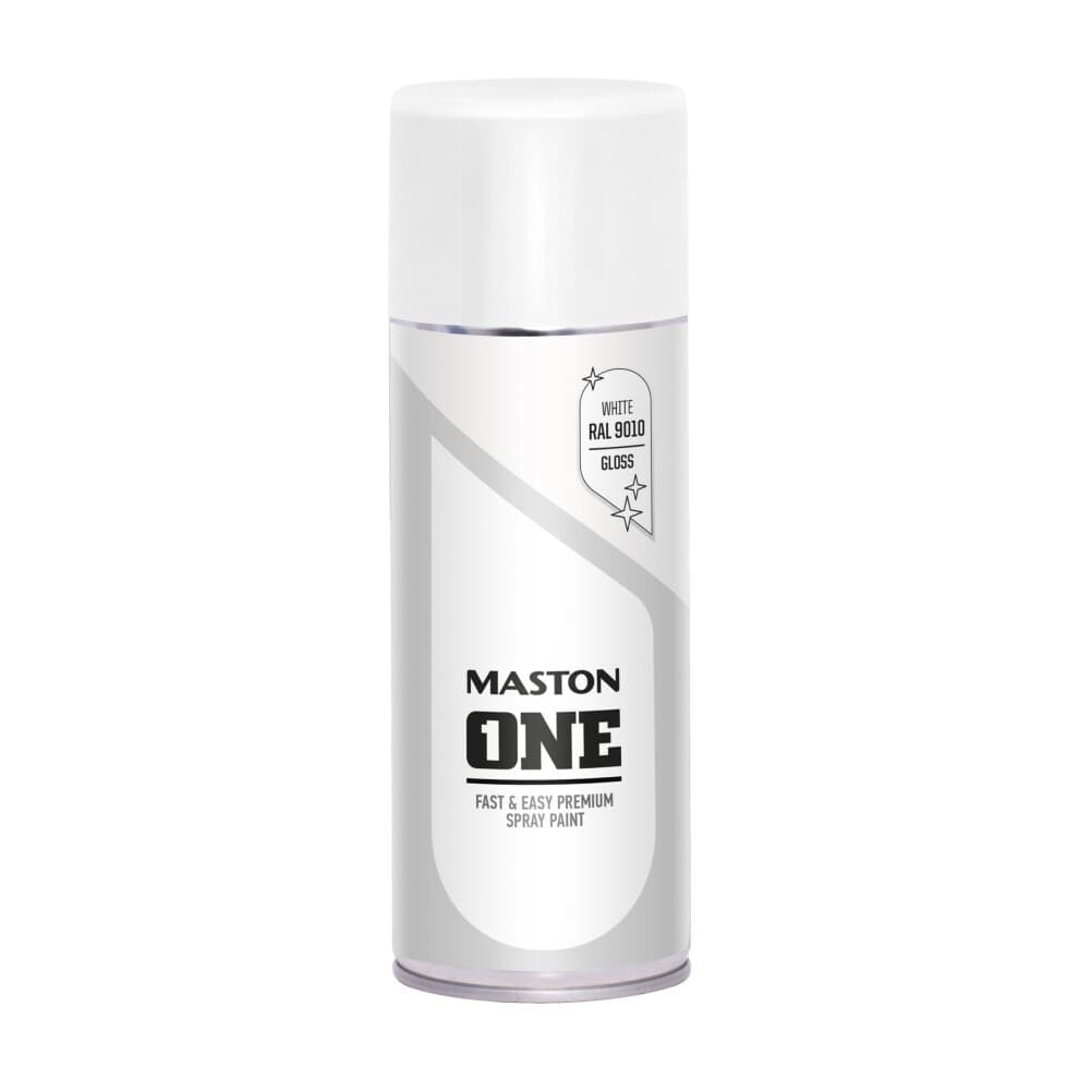 Gloss white spray paint canister labeled "Maston ONE" with RAL9010, featuring a sleek design and a silver and white color scheme, ideal for premium finishes.