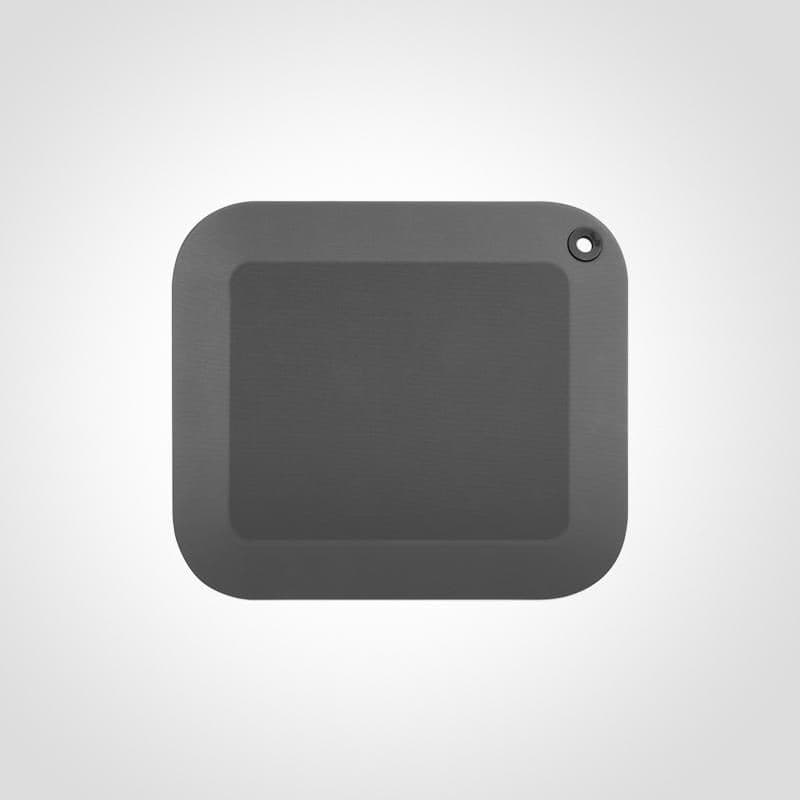 Square, dark gray mat measuring 52x60cm with a smooth surface and rounded corners, featuring a small hole for easy hanging or placement.