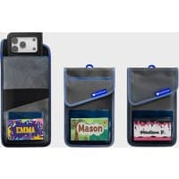 Grey MAXCases phone pouch with RF blocking, ID pocket, Velcro closures, and blue accents.
