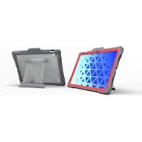 Red-bezeled MAXCases Shield Extreme-X2 for iPad 10 & 11th gen, rugged design with kickstand and geometric pattern.
