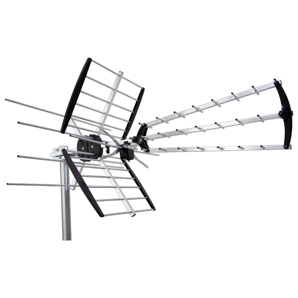 Maximum COMBO212 outdoor television antenna features a silver metal frame with multiple horizontal and vertical elements, designed for optimal signal reception.