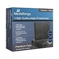 Five black CD jewel cases packaged in a blue box labeled "MediaRange," featuring a premium class design for single CDs with durable clips and a sleek finish.