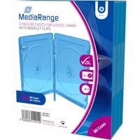 Blue MediaRange Blu-ray case for 3 discs, transparent design with booklet clips, rectangular shape.