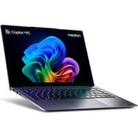 Sleek Medion laptop with black finish, illuminated keyboard, and vibrant display showing colorful abstract design.
