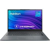 Gray Medion Akoya laptop with 15.6-inch screen, Intel Core i5, 32GB RAM, 1TB SSD, Windows 11, and 2-year warranty badge.