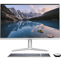 All-in-one desktop with 27-inch screen, slim silver bezel, wireless keyboard, and mouse.