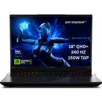 Black MEDION ERAZER Beast 18 laptop, RGB keyboard, 18" QHD+ display, featuring a futuristic robot graphic on screen.