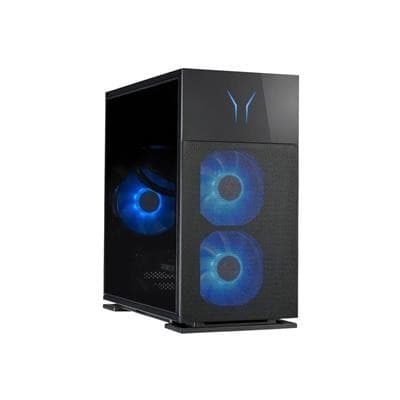 Black gaming PC tower with a sleek design, featuring blue LED fans, a transparent side panel, and a distinctive logo on the front.