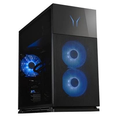 Black gaming PC with a sleek design, featuring a glass panel, blue LED-lit fans, and a prominent Medion logo on the front. Equipped with powerful components for high-performance gaming.
