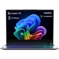 Black Medion laptop with 14-inch screen, colorful display, silver keyboard, Snapdragon X Plus, 16GB RAM, 512GB SSD.
