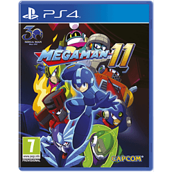 Cover art for "Megaman 11" on PlayStation 4 features vibrant colors with Megaman in the foreground and various robotic characters, set against a dynamic background.