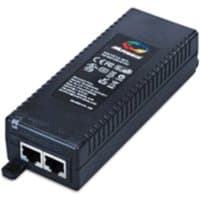 Black Microchip PoE adapter with two Ethernet ports and ribbed sides, featuring a label with colorful logo and specifications.