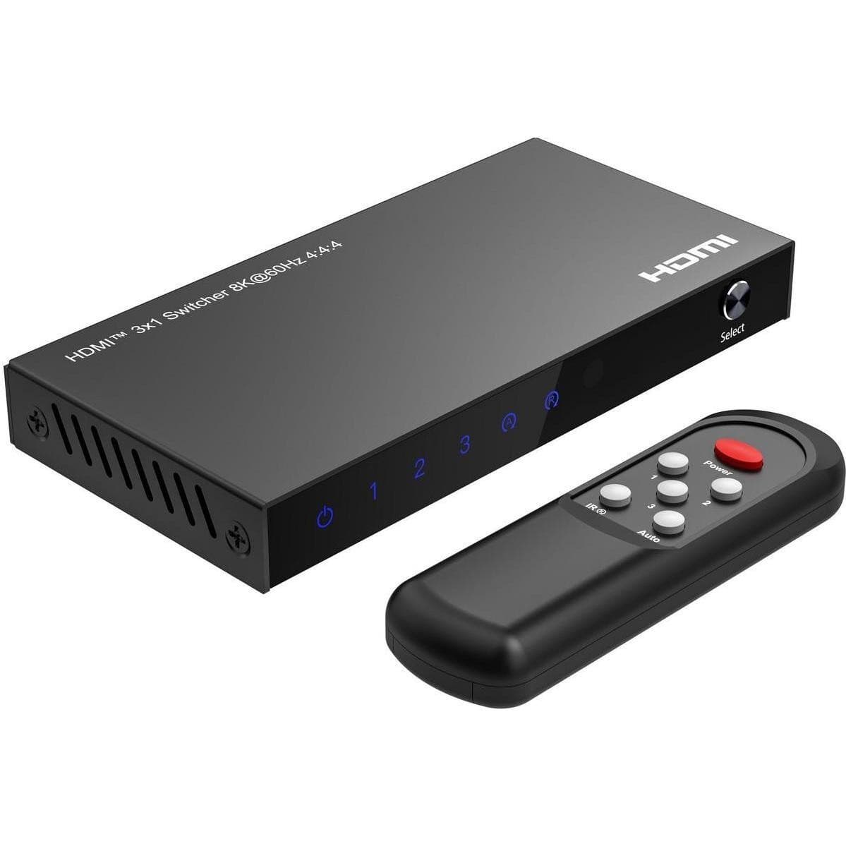 Black Microconnect 8K@60Hz HDMI switch with three input ports, featuring a sleek design, LED indicators, and a remote control for easy operation.
