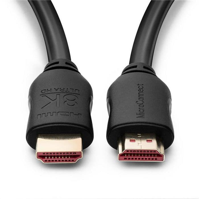 Black 4m Microconnect 8K HDMI cable with gold-plated connectors, featuring a durable design and clear labeling on the connector for high-definition video and audio transmission.