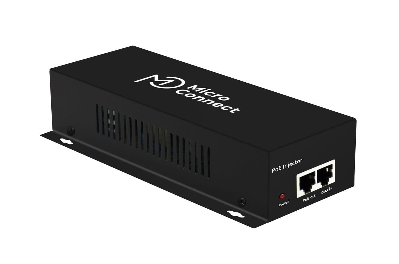 Black metal PoE injector with ventilation slots, featuring a Power and Data output port, and the Microconnect logo prominently displayed on the top.