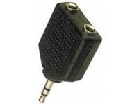 Black plastic 3.5mm audio cable gender changer with two female connectors and a textured surface for grip, designed for connecting audio devices.