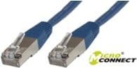 Blue 1.5-meter Cat6 F/UTP networking cable with transparent connectors and metal shielding, featuring Microconnect branding.
