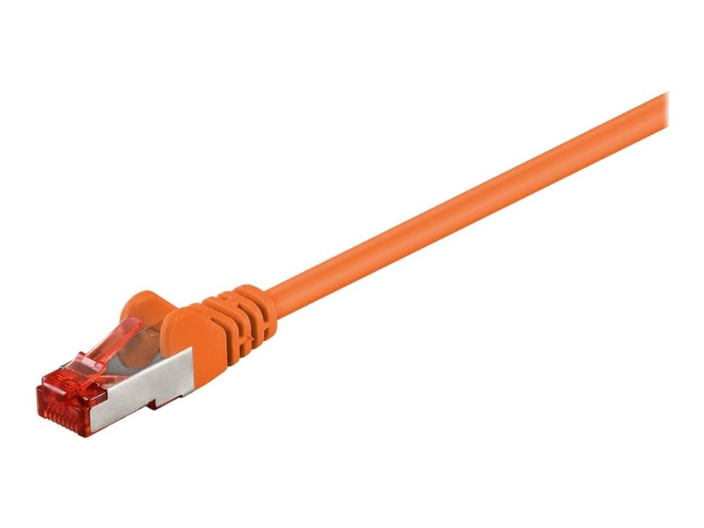 Orange 7.5-meter Cat6 networking cable featuring F/UTP shielding, with a clear plastic connector and a flexible, durable design for reliable data transmission.