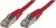 Red 15-meter Microconnect Cat6 F/UTP networking cable featuring clear plastic connectors on both ends and a flexible, durable design for reliable data transmission.