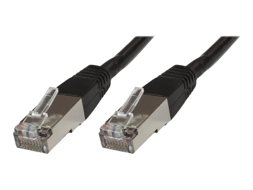 Black 10-meter Cat6 S/FTP networking cable featuring durable connectors with clear plastic tabs and metal shielding for enhanced performance.