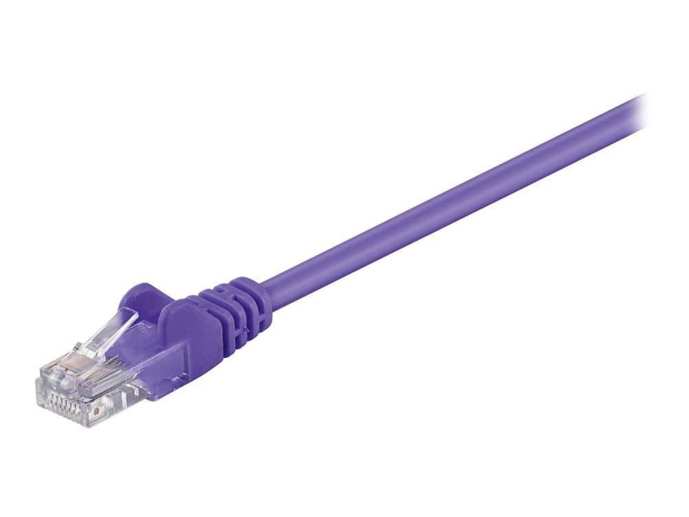 Purple Microconnect B-UTP50025P networking cable, 0.25 meters long, featuring a Cat5e U/UTP design with a clear RJ45 connector at one end.