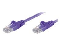 Purple 0.5-meter Cat5e U/UTP networking cable featuring clear connectors on both ends, designed for reliable data transmission.