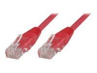 Red 10-meter Cat5e U/UTP networking cable with clear plastic connectors on both ends, designed for reliable data transmission.