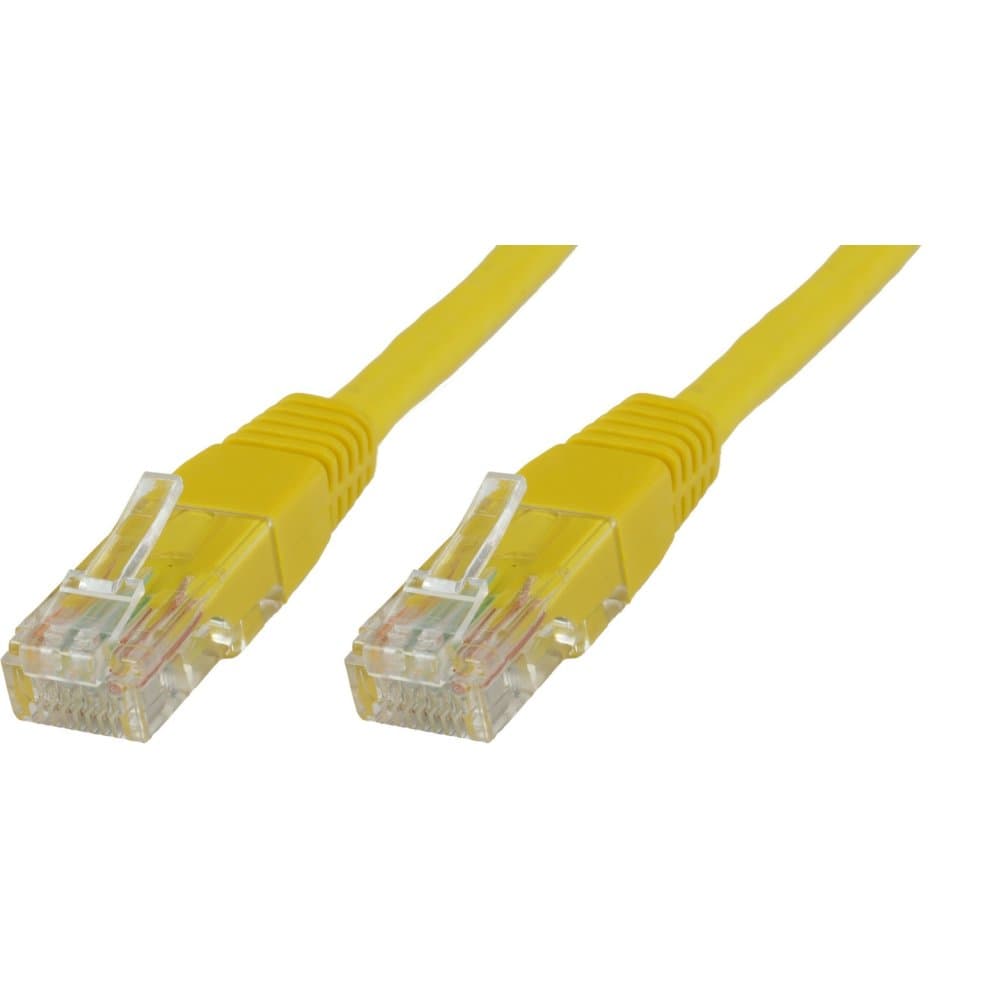 Yellow 0.25 meter Cat6 U/UTP networking cable with clear plastic connectors, featuring eight gold-plated pins and a flexible, durable design for reliable data transmission.