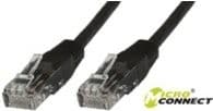 Black 3-meter Microconnect Cat6 U/UTP networking cable featuring clear plastic connectors on both ends for reliable data transmission.
